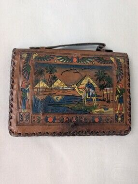 Vintage Genuine Leather Egyptian Pyramids of Gizeh Handbag Clutch 10" x 7"